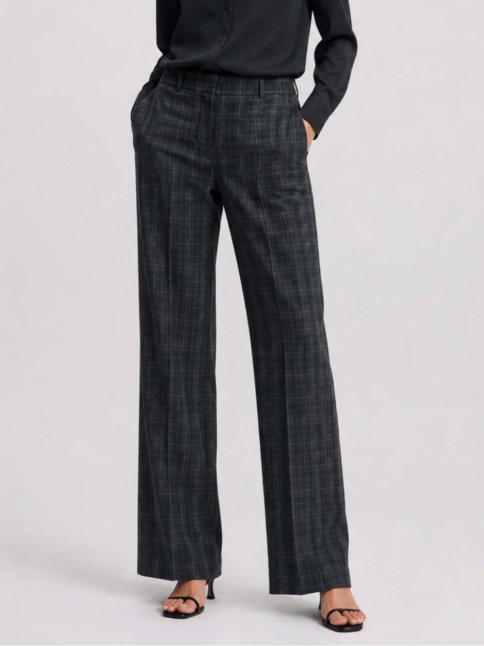 Theory Demetria Wool Plaid Trouser Pants in Grey - Picture 1 of 5